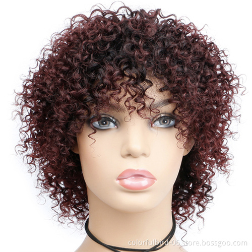 Short African Wigs Human Hair Ombre Pixie Curly Short Wigs 1B/99J Burgunfy Red Ombre Short Afro Curly Wig with Bangs for women